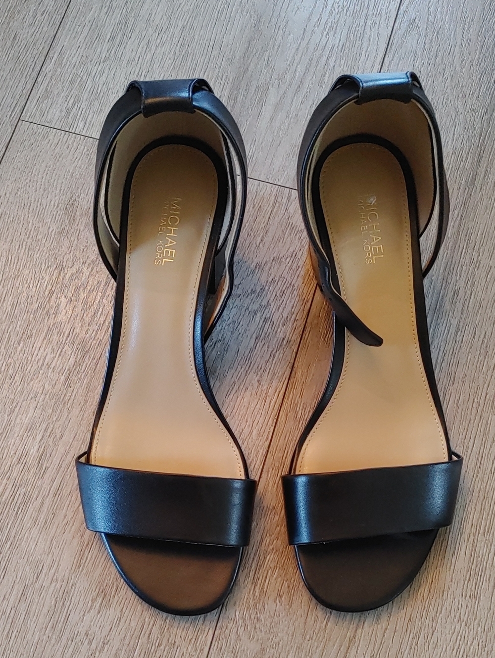 Michael Kors Black Leather Ankle-Strap Sandals with Tan Insole 6.5